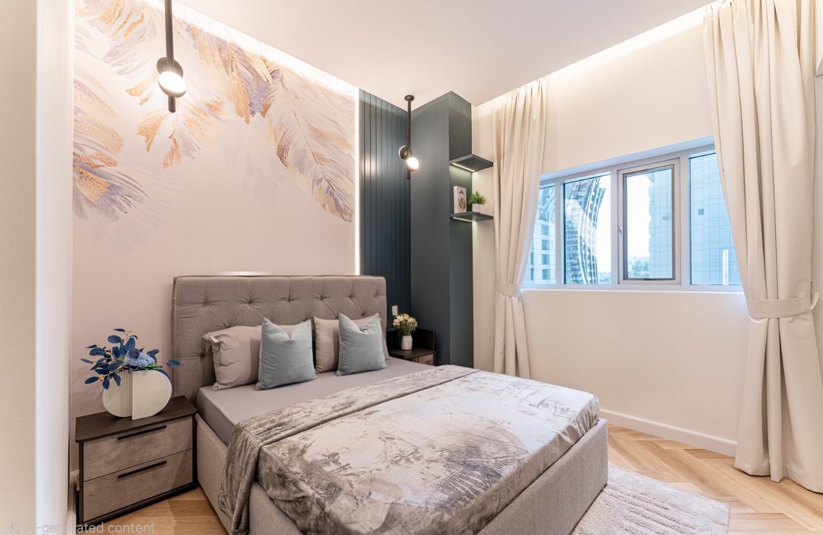 Feather-mural guest bedroom